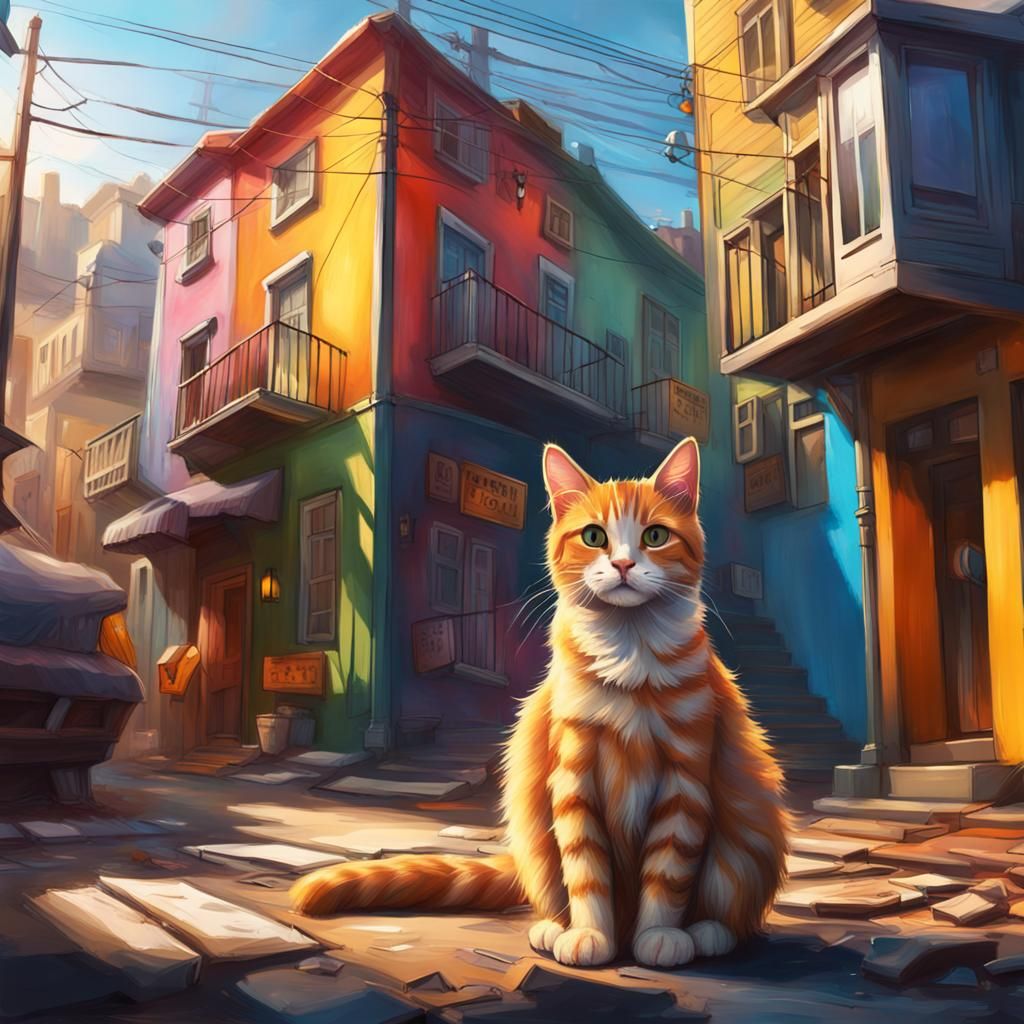 Hyperrealistic Cat Town Street Scene