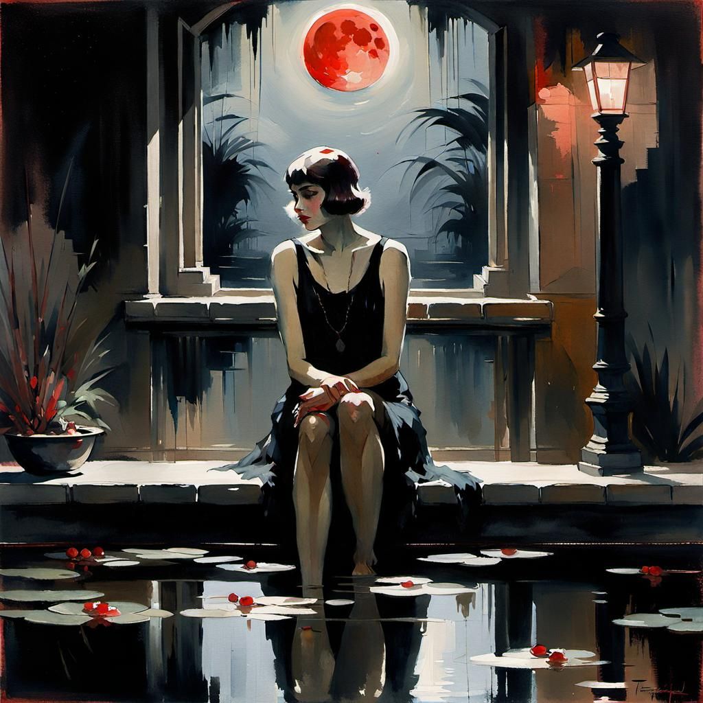 Lonely Flapper Girl by Pond: Watercolor Painting