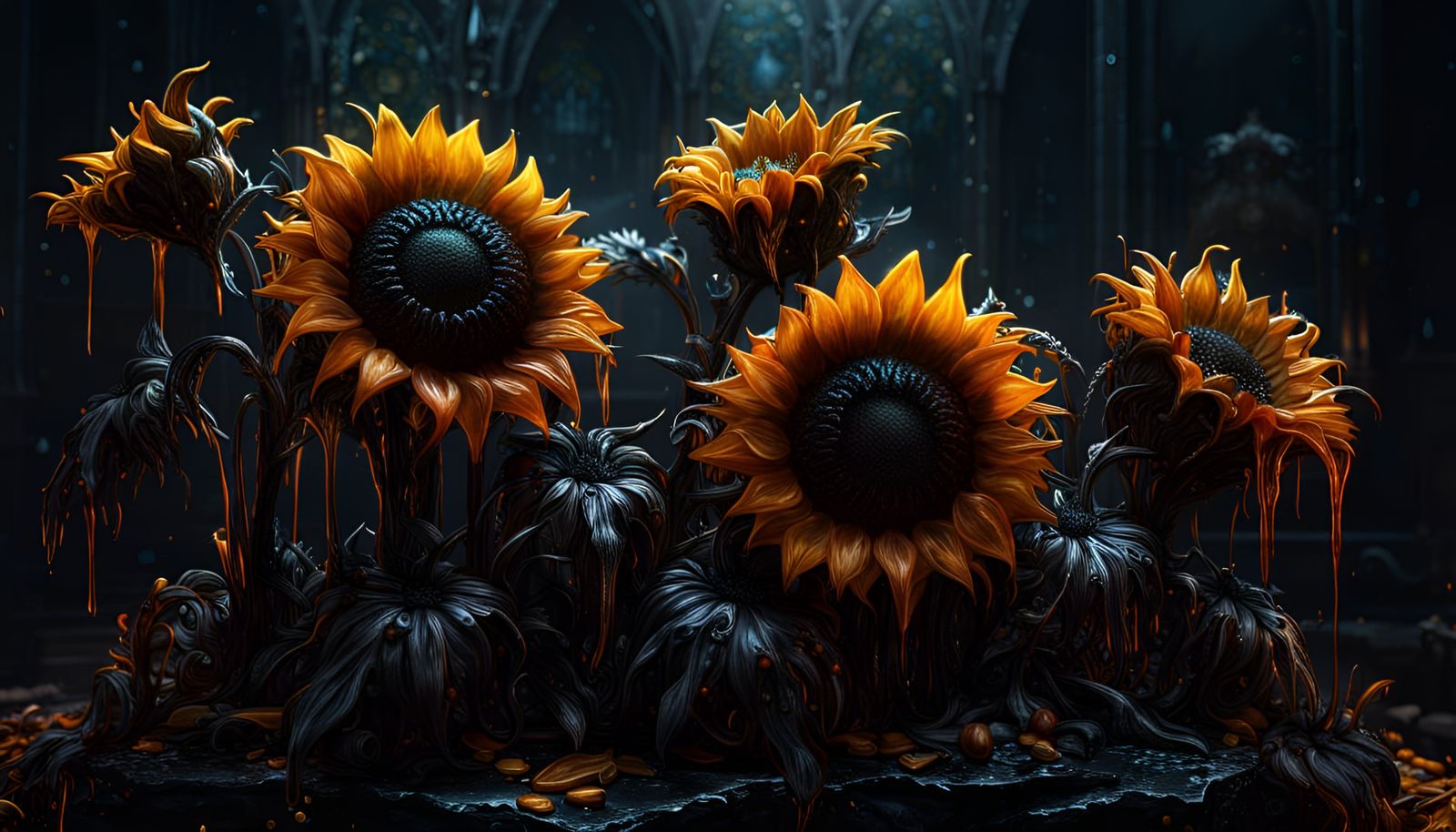 Gothic Wax Sunflowers in Detailed Matte Painting
