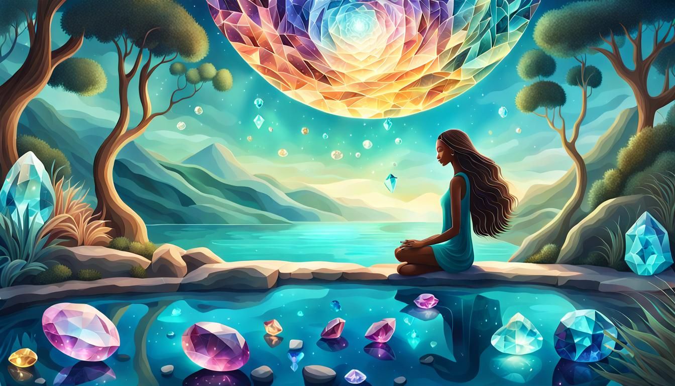 Surreal Nature Goddess in a Sunset Oasis, Crafted from Glowi...