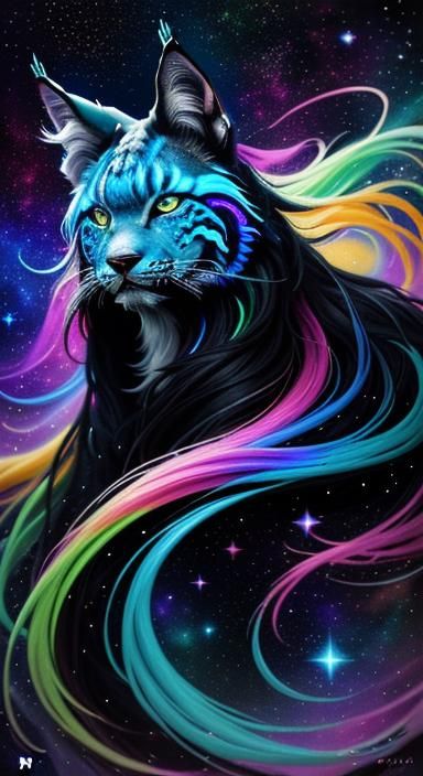 Lynx-Eared Beauty in a Vibrant Galaxy, Digital Art