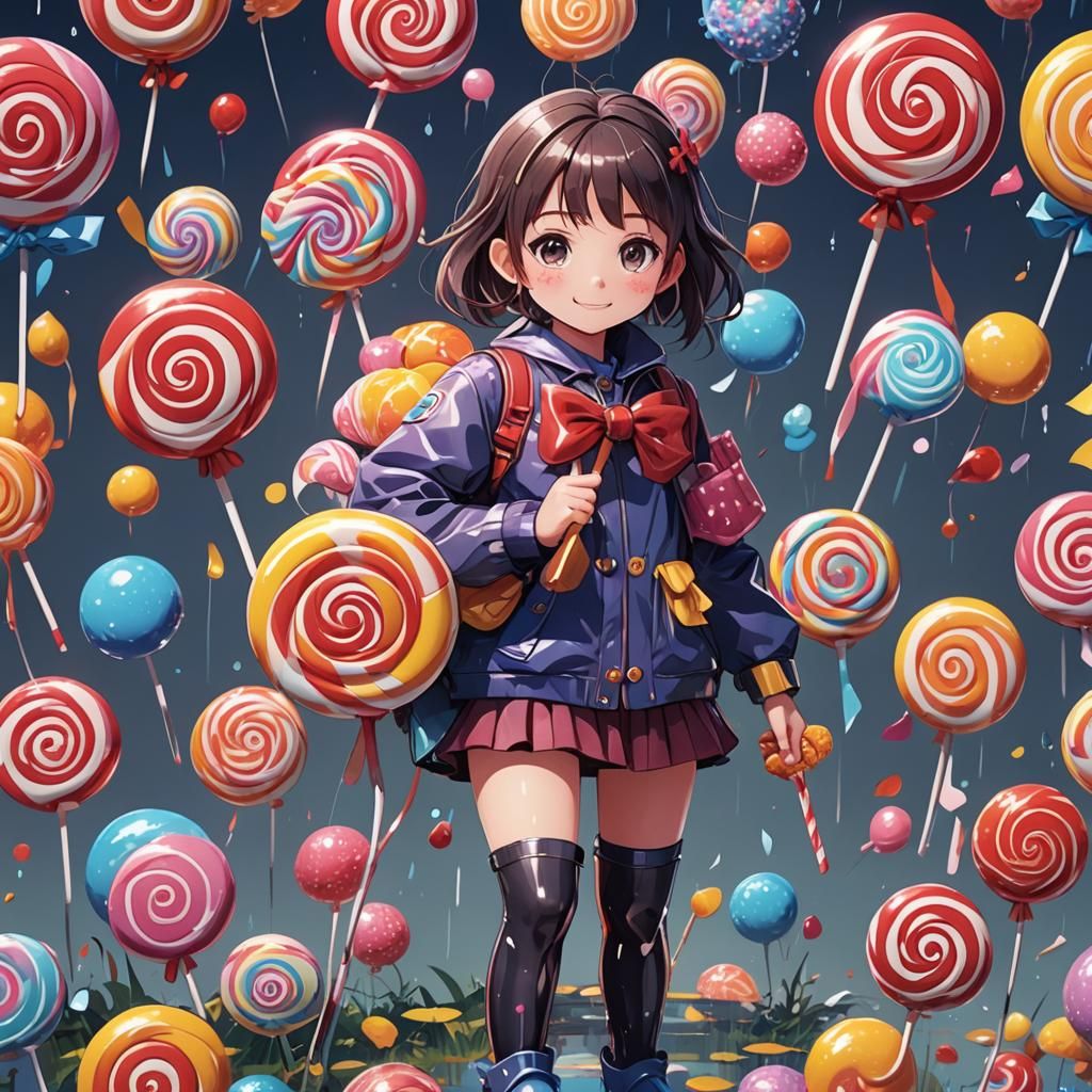 Cute Anime Girl with Lollipops in Cel-Shaded Style