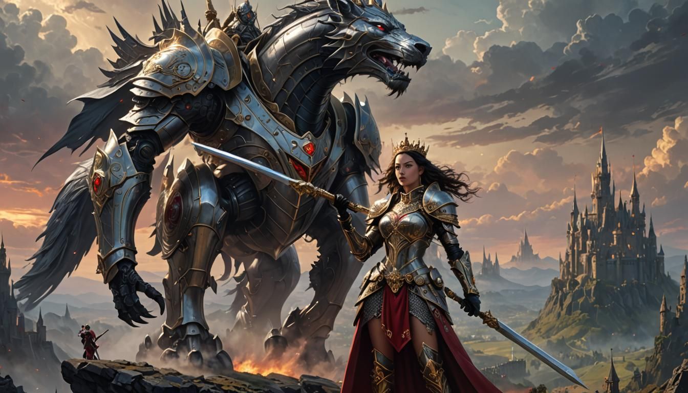 Fantasy epic war scene with the mighty queen leading from th...