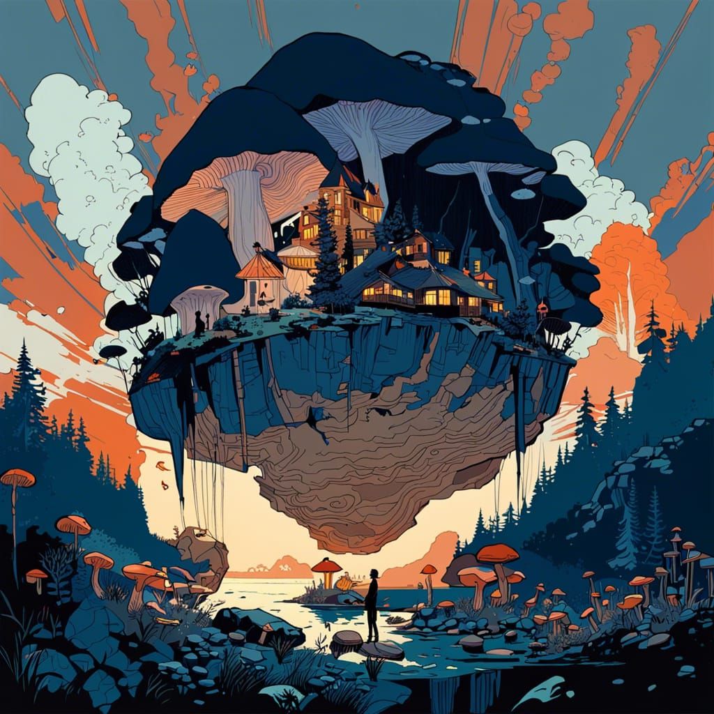 Surreal Floating Mushroom Kingdom in Larson Style