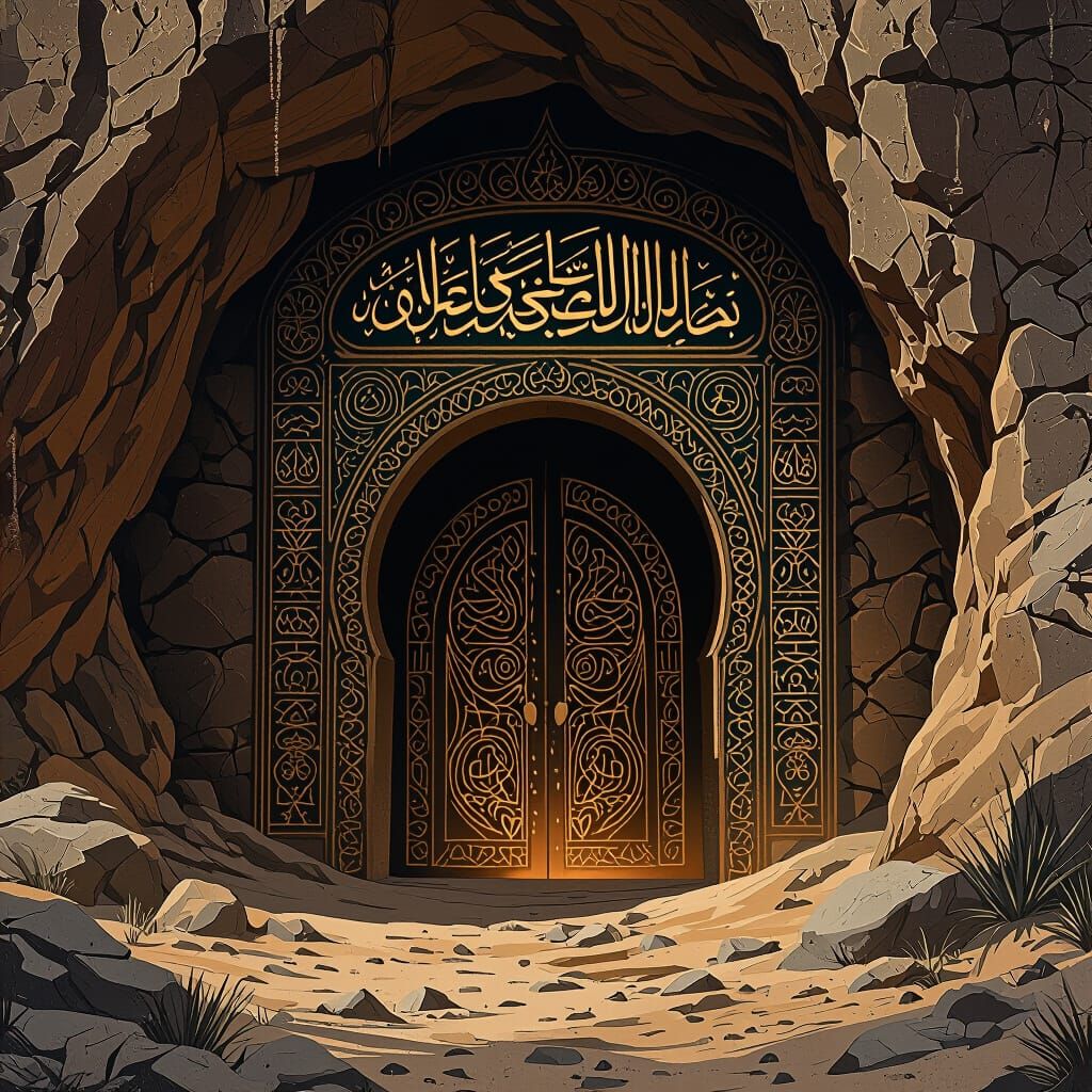 Mystical Cave Entrance with Arabic Calligraphy