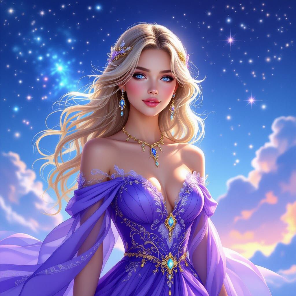 Radiant Divine Being in Cosmic Violet Gown