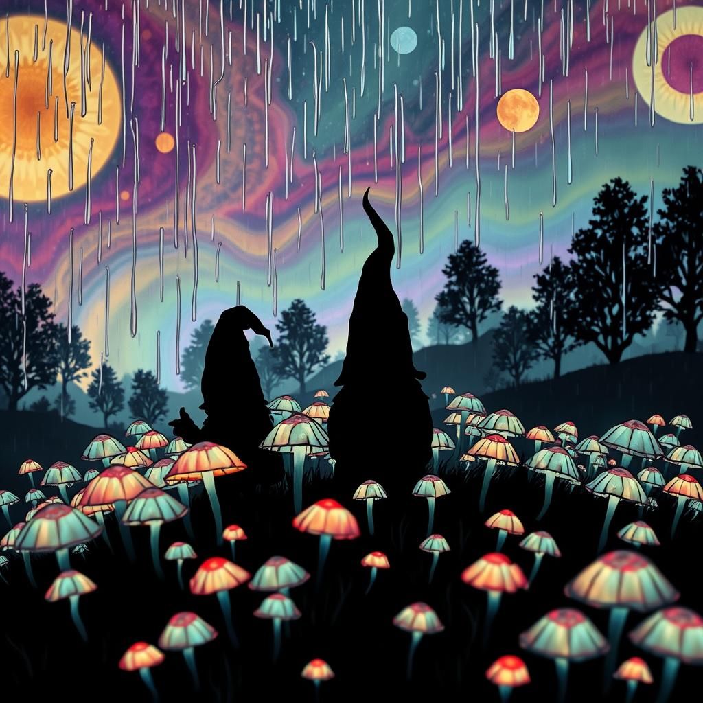 Gnomes in Bioluminescent Forest: Op Art Double Exposure