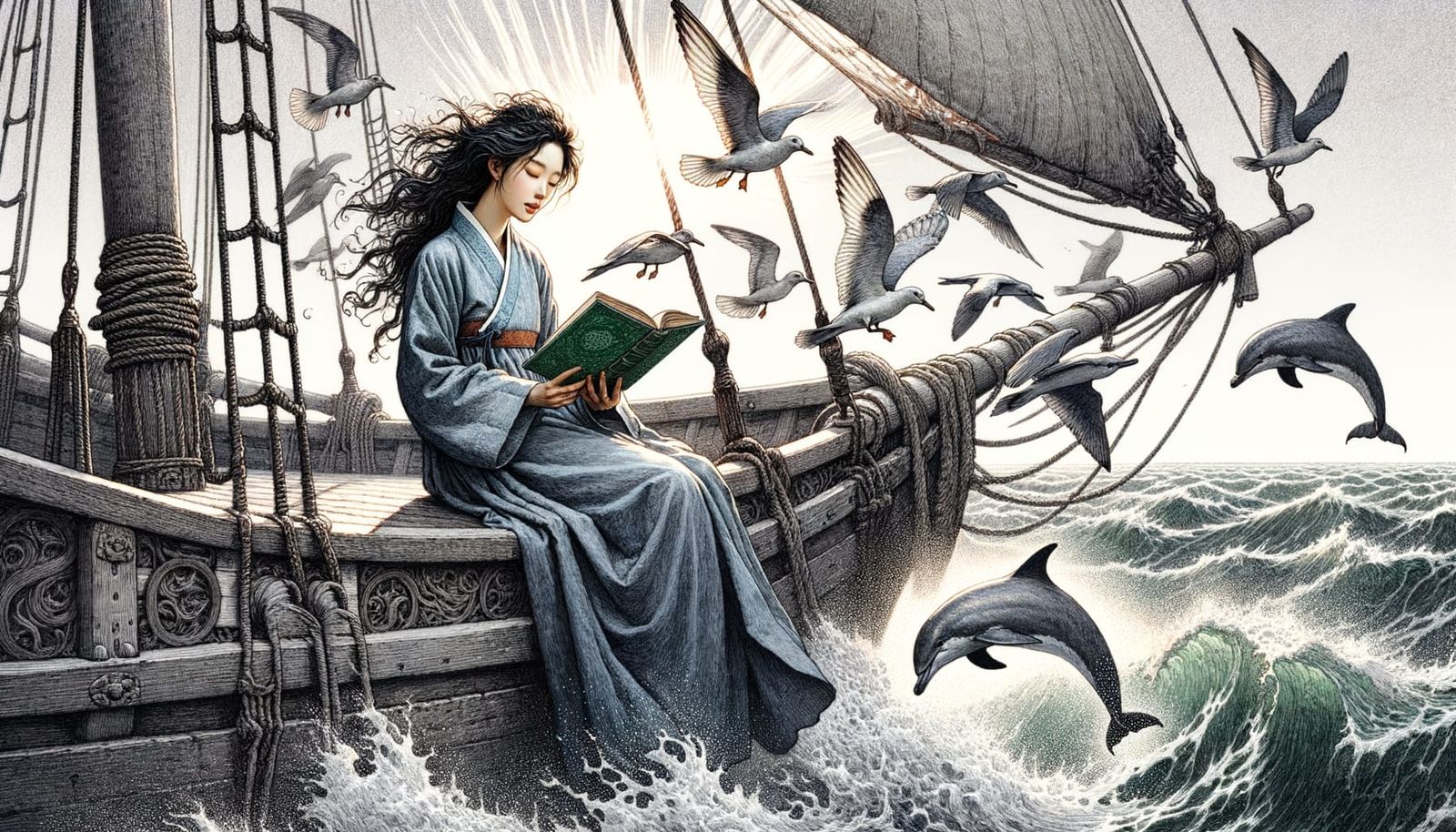 Korean Woman Reading on Dhow, Art Nouveau Illustration