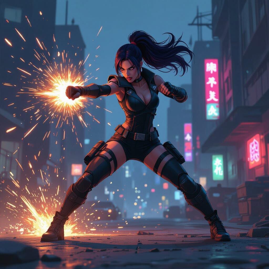 Vi in Combat Pose on Industrial Cityscape at Night