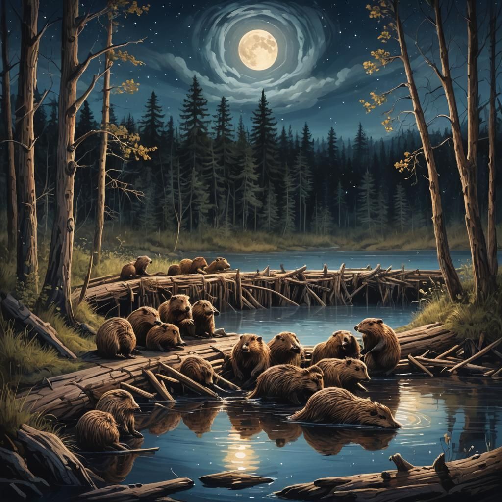 Magical Beavers Build Dam in Nocturnal Landscape