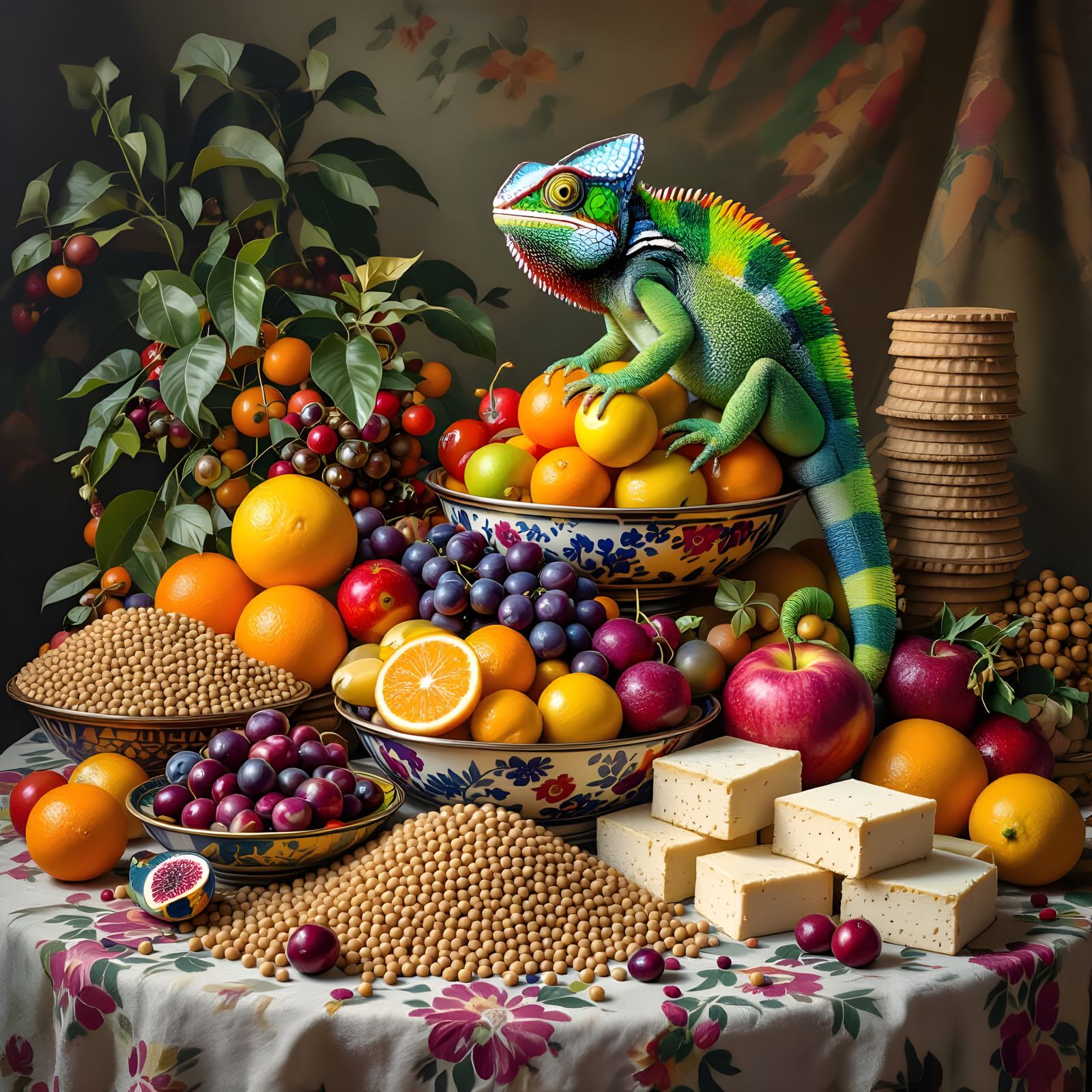 Vibrant Still Life with Chameleon in Dutch Style