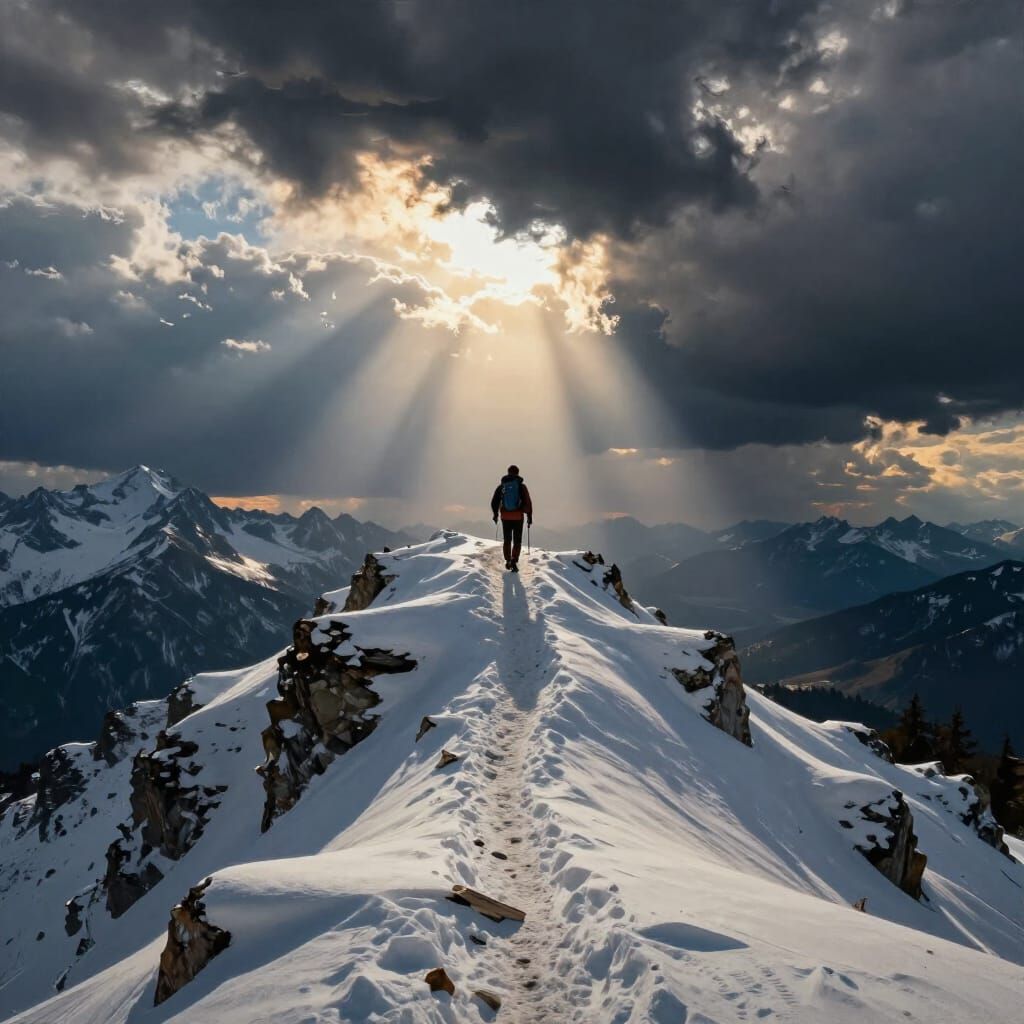 Lone Climber Ascends Snowy Peak in Dramatic Light