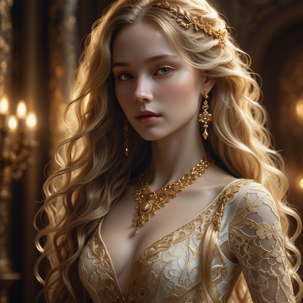 Hyper-Realistic Portrait of a Regal Woman in Golden Hues
