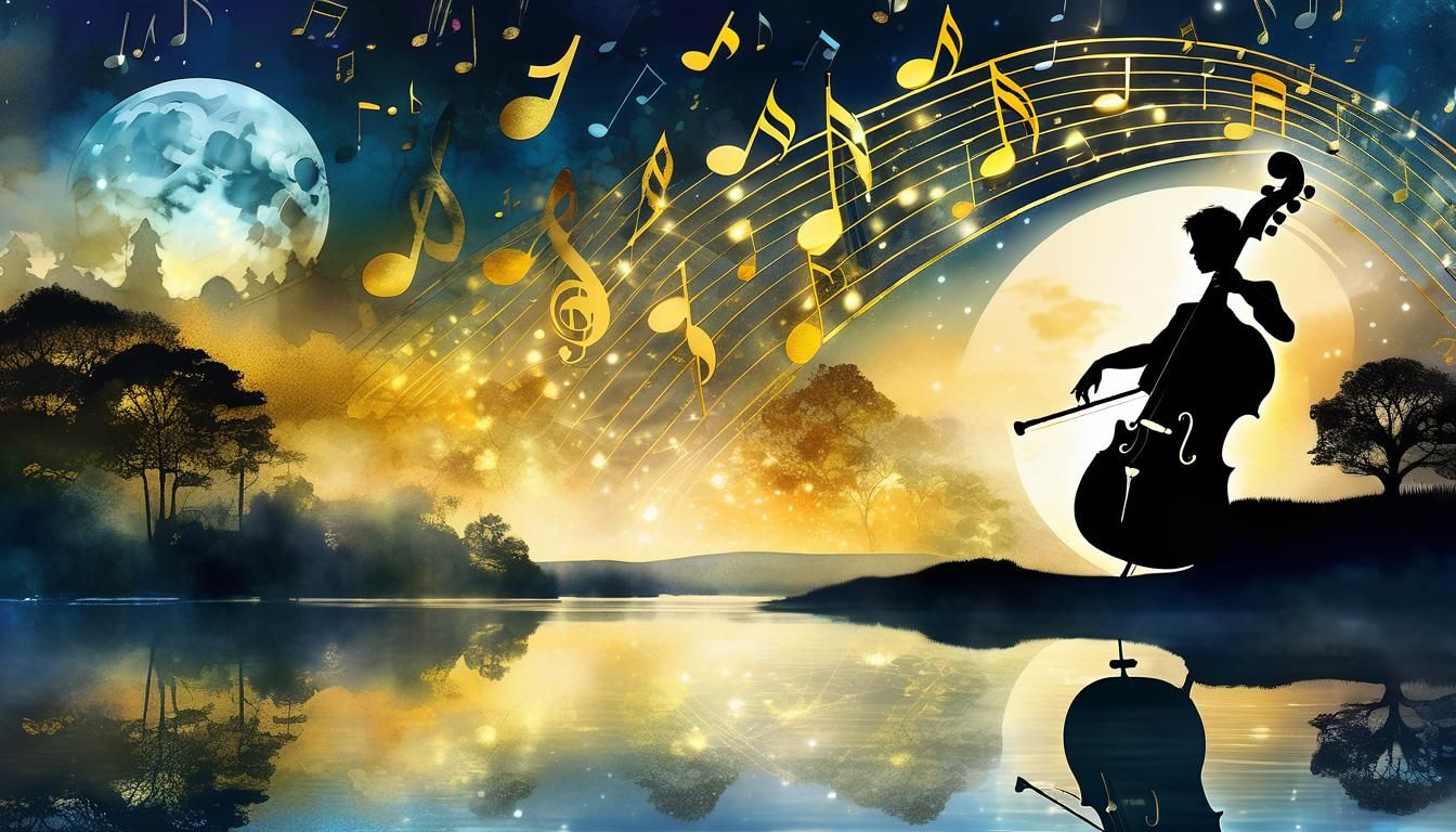 Boy Plays Double Bass in Watercolor Fantasy Realm