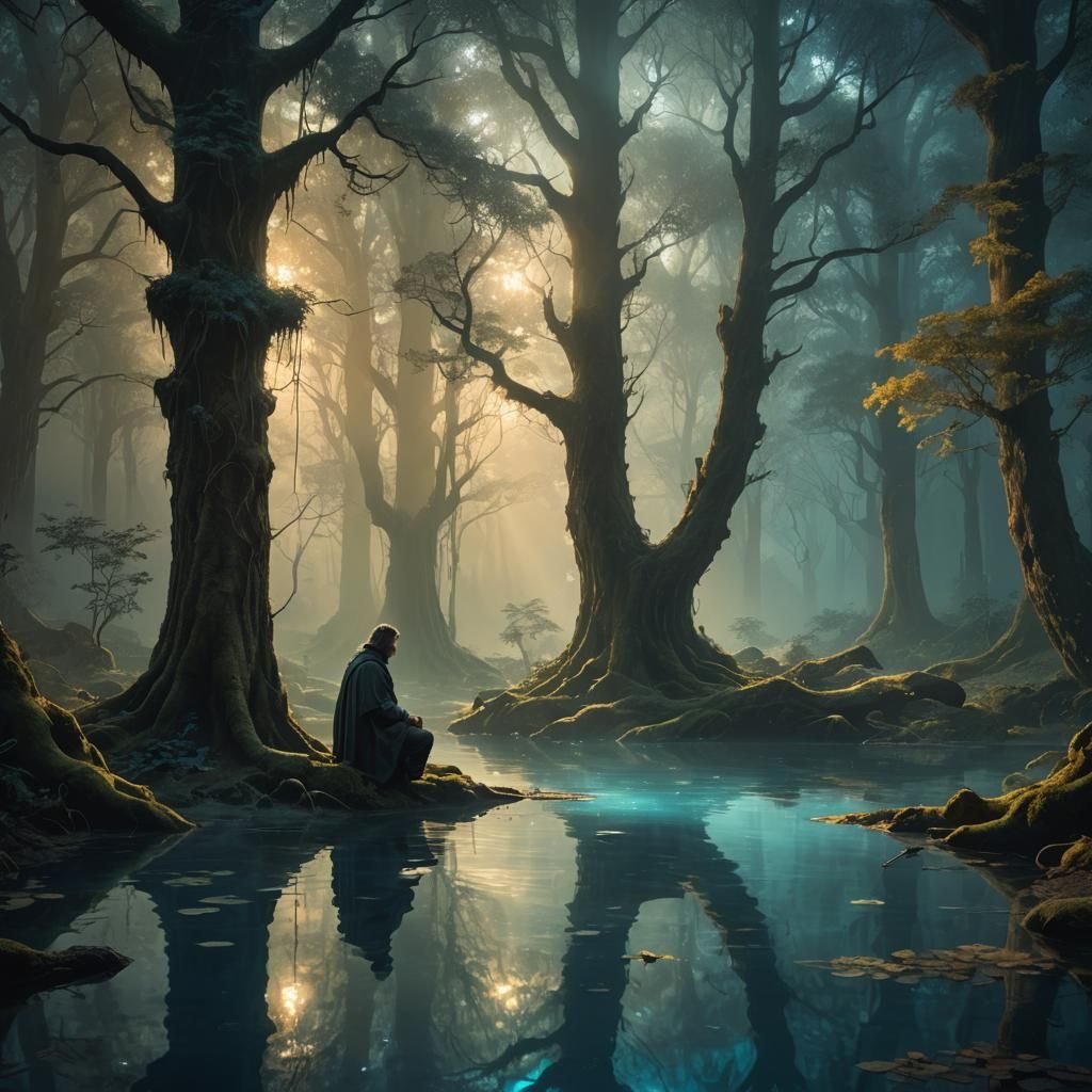 Penitent Man Before Ethereal Pool in Mystical Forest