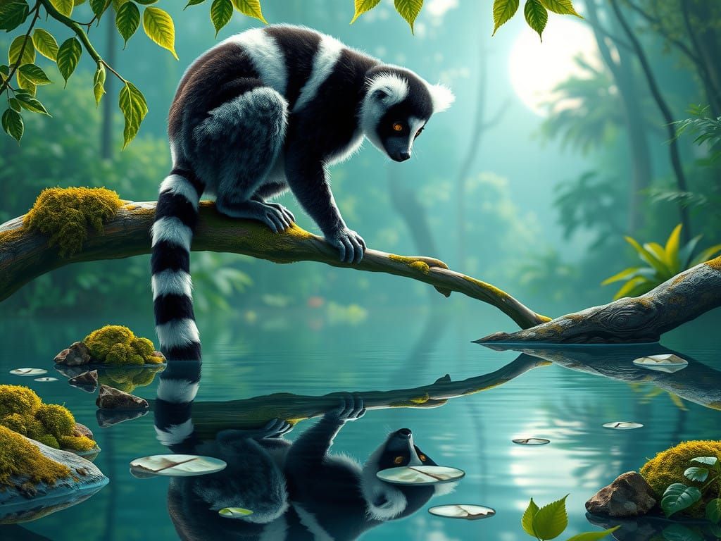 Surreal Jungle Scene with Majestic Black and White Catta Lem...