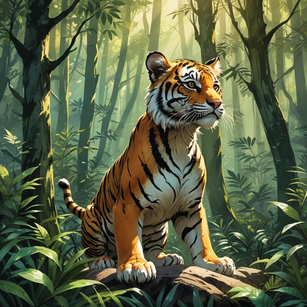 Baby Tiger in Mystical Forest, Digital Art