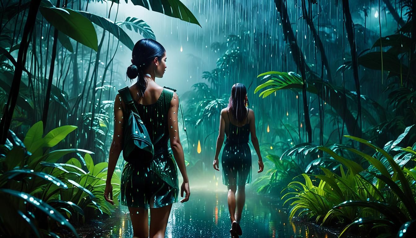 Transparent Woman in Rainforest at Night: Hyper-realistic Fi...