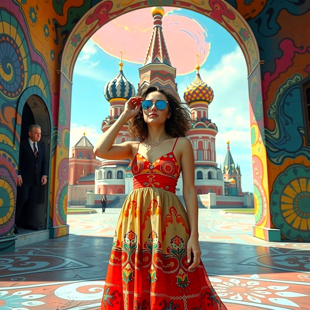 Vibrant Scene of Woman in St Basil's Courtyard