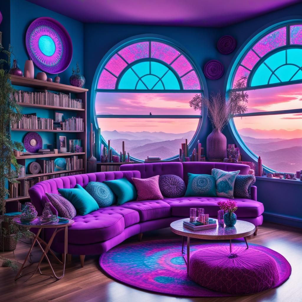 Bright blue living room with Circular purple windows with a beautiful view outside& whimsical magenta pink sofa& whimsic...