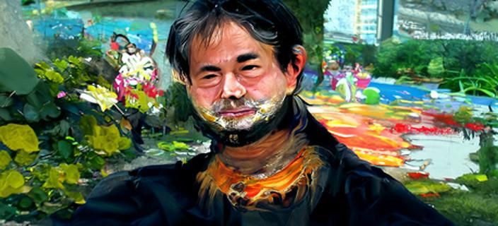 Satoshi Nakamoto portrait in a city park underground comix synthetism Studio Ghibli Pino Daeni