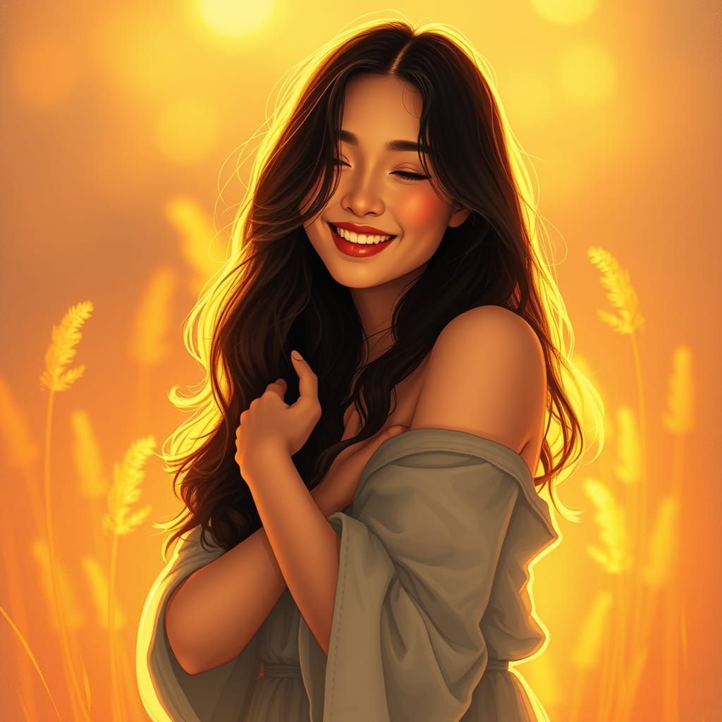 Radiant Woman Embracing Herself in Golden Light