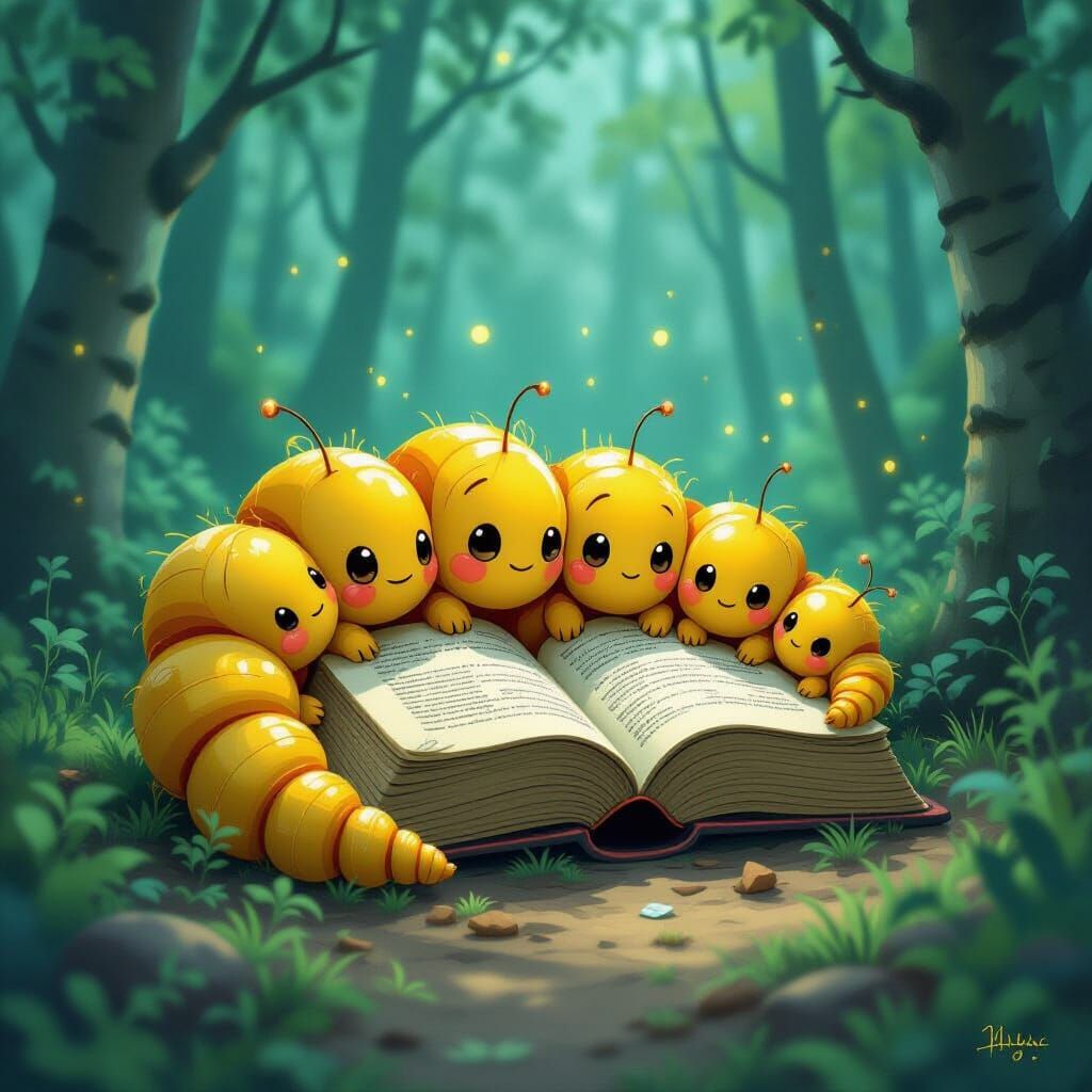 Book-Page Caterpillars in Whimsical Forest, Dreamy Illustrat...