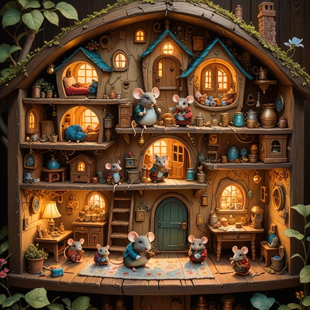 Cozy Mouse Family Home in Whimsical Oil Painting