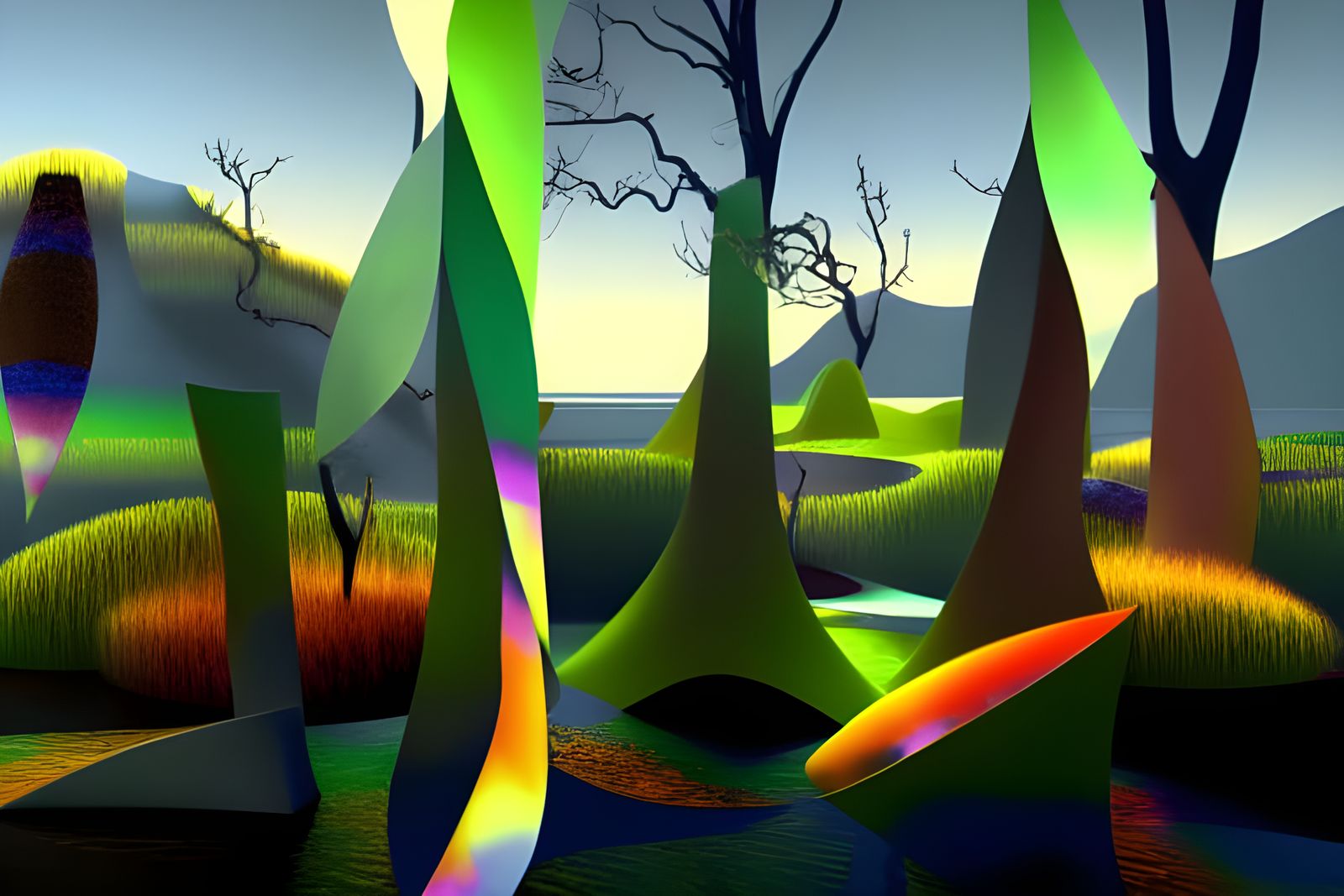 Biopunk Summer Scene with Erupting Pond, Surreal