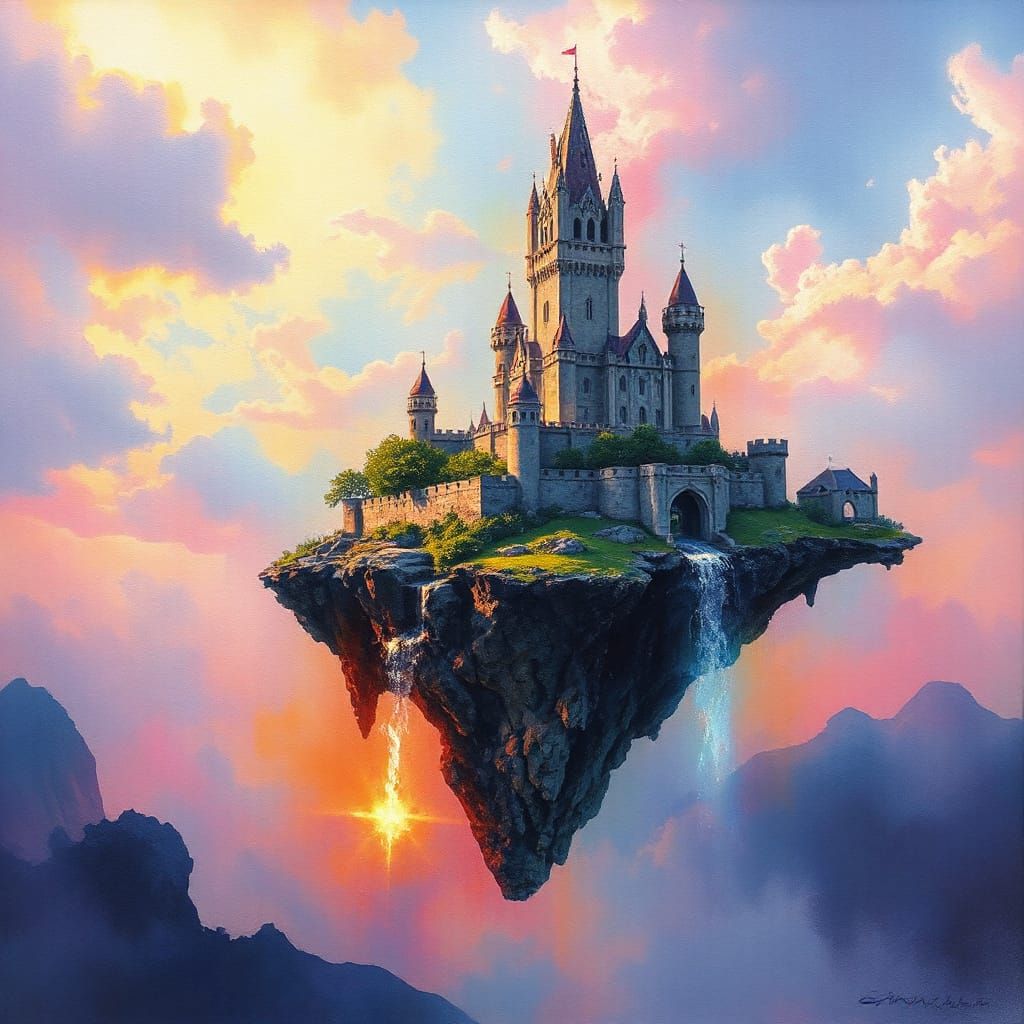 Mystical Floating Castle Island in Expressionist Fractal Sty...