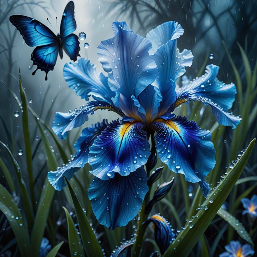 Azure Iris with Butterfly: Fantasy Art in Macro