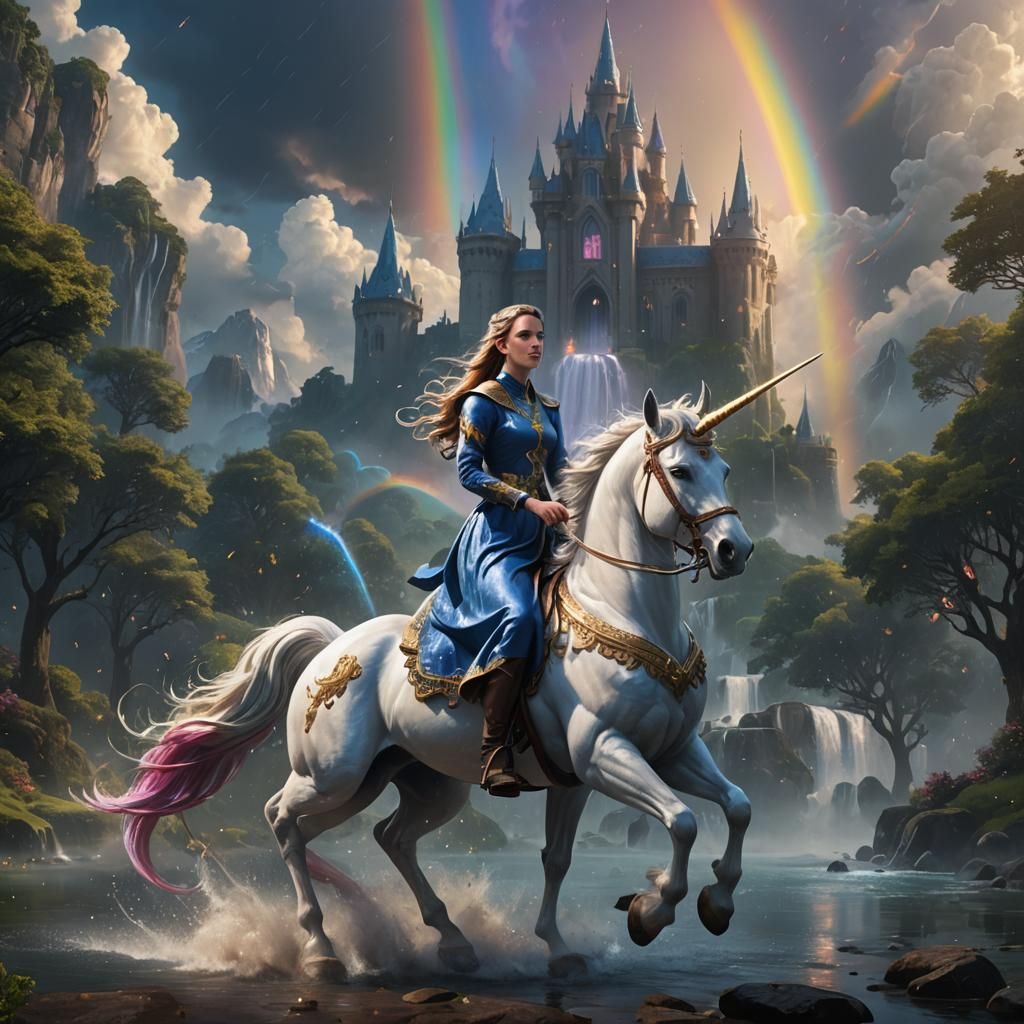 Girl Riding Unicorn with Rainbow Mane