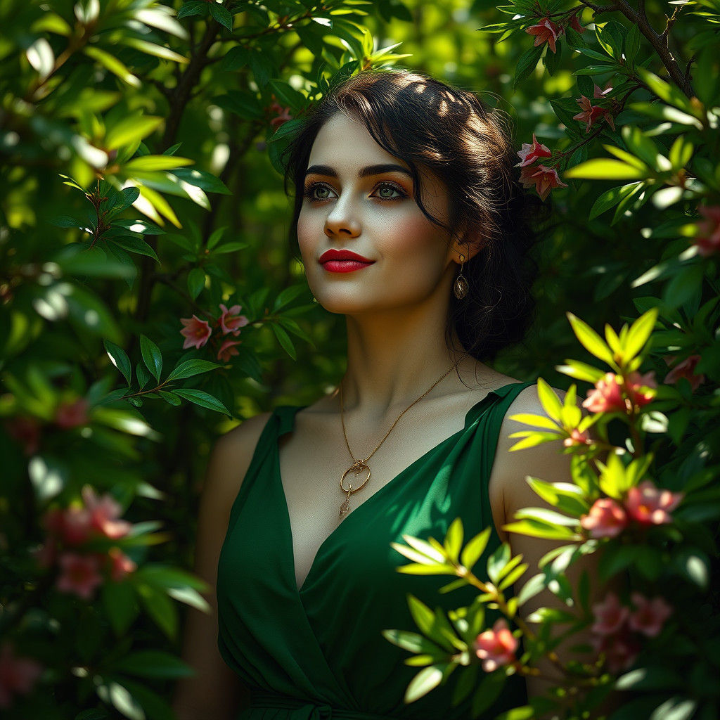 Woman in Green Dress Amid Spring Foliage