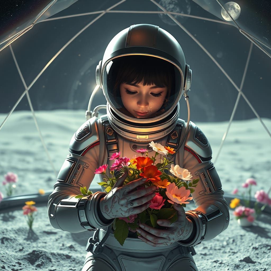 Girl in Spacesuit with Lunar Flowers, Anime Art