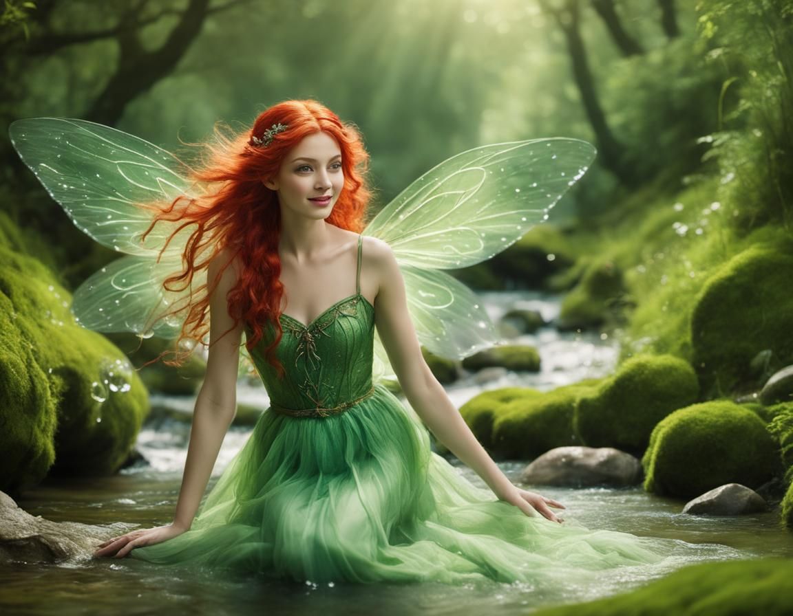 Playful Green Fairy Flying Over a Stream