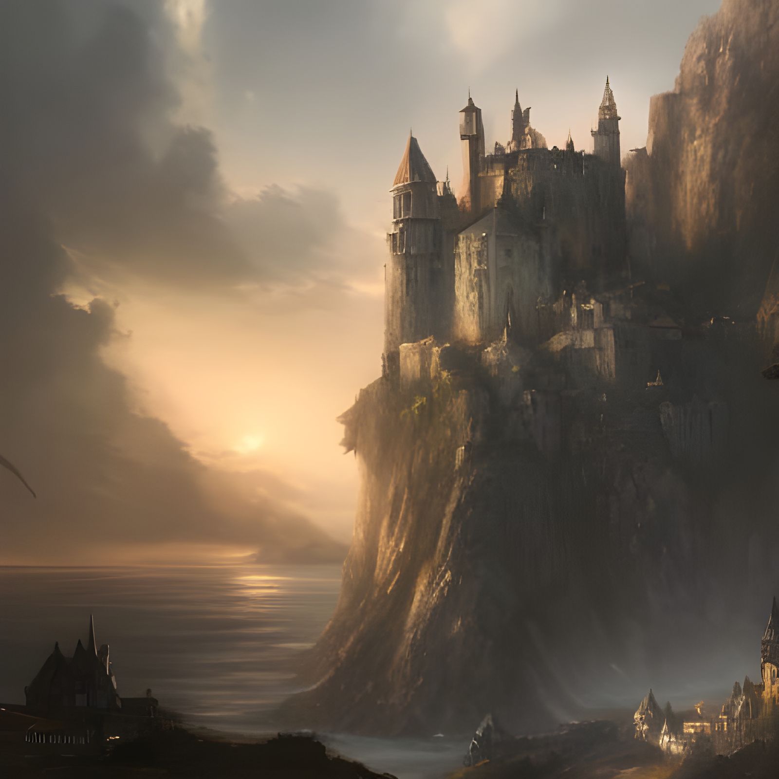 Medieval Citadel on Cliffs: Bold Brushstrokes and Dramatic L...