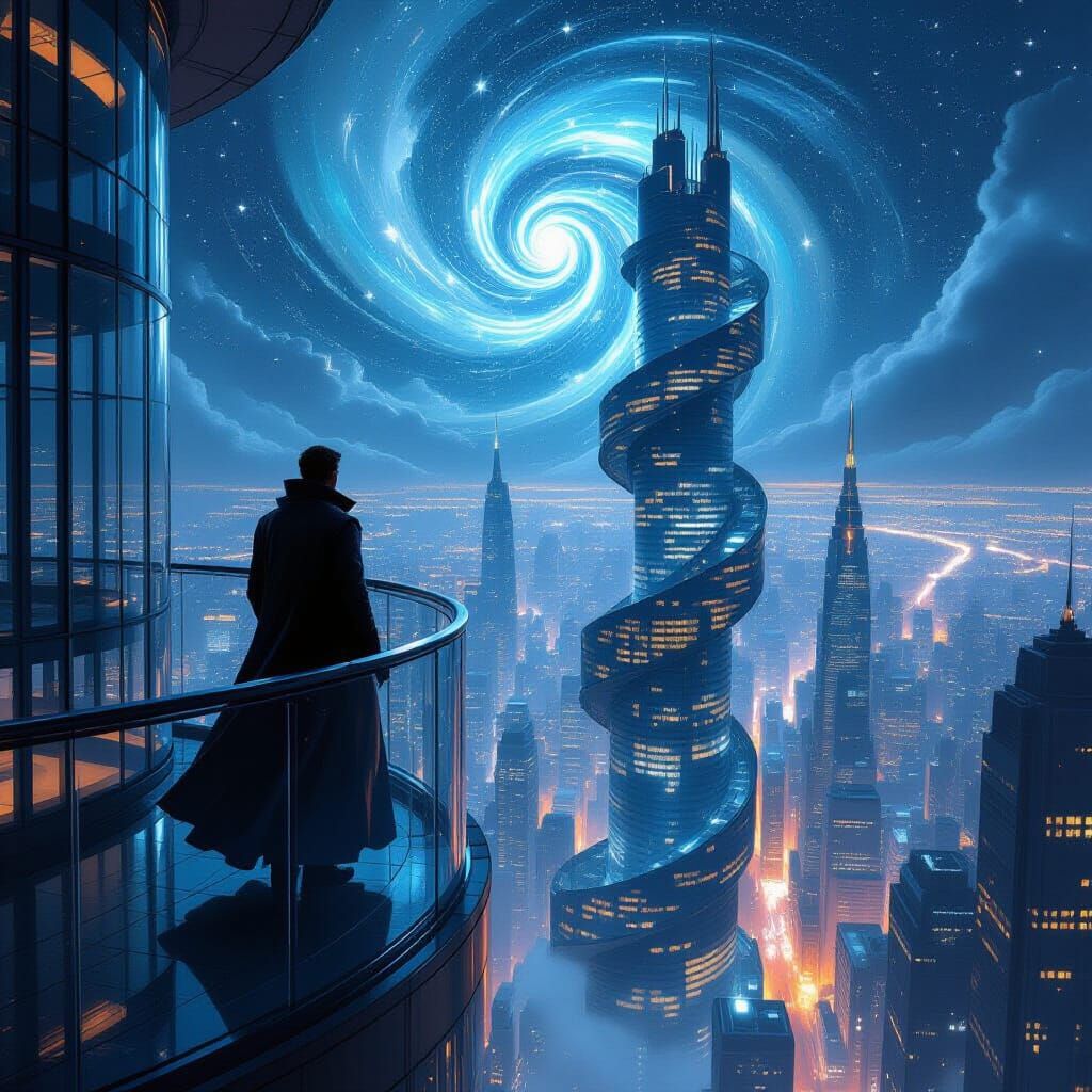 Surreal Cityscape with Spiraling Architecture in Digital Pai...