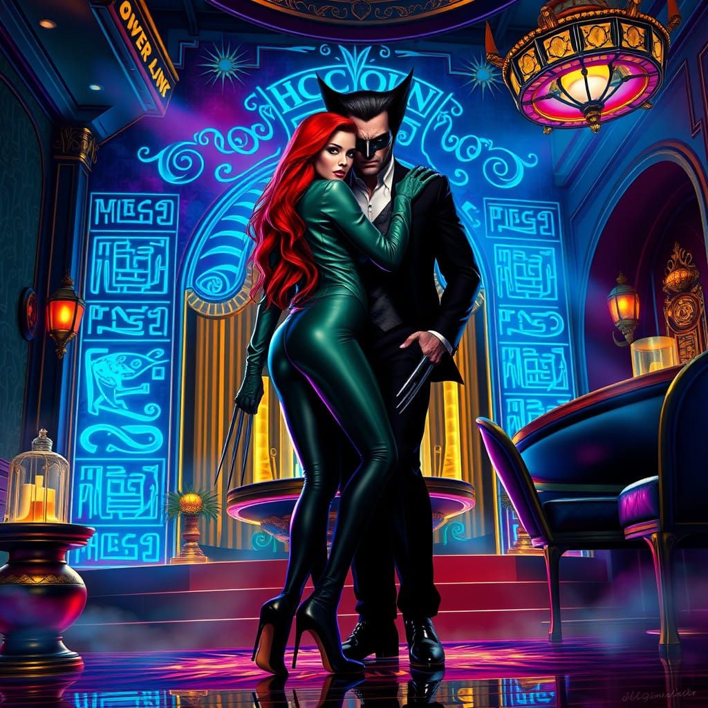 Seductive Rogue and Wolverine in Neon Night Club Fantasy