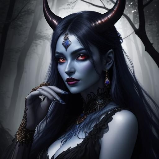 Mystical Forest: Devil Woman Casting Magic as Oil Painting