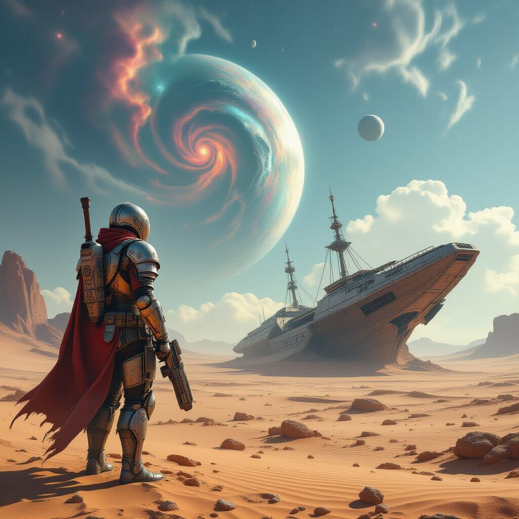 Cosmic Soldier in Post-Apocalyptic Western Landscape