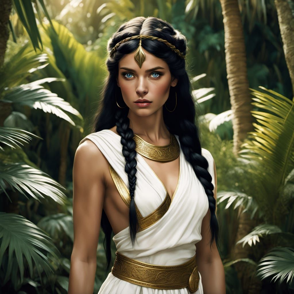 Exotic Amazon Priestess on Island, Cinematic Film Still