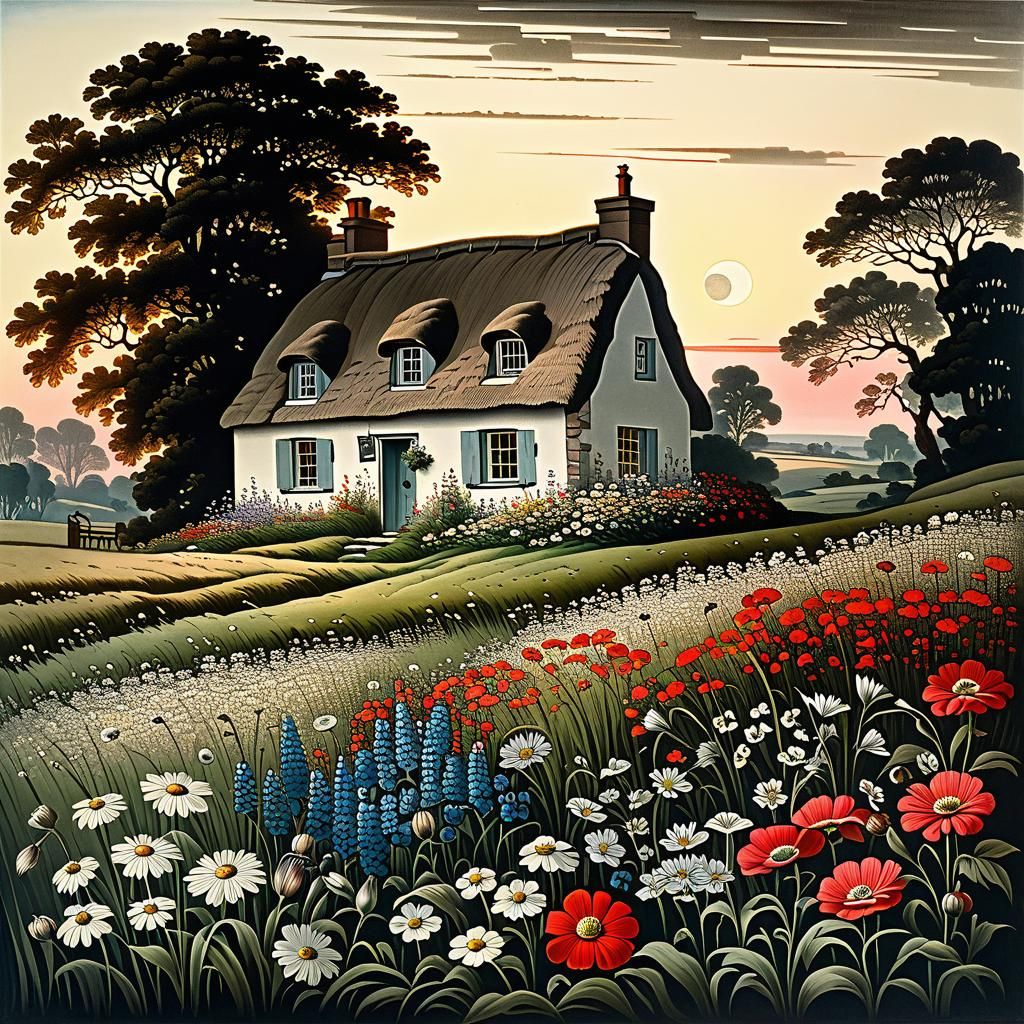 flower meadow with a cottage