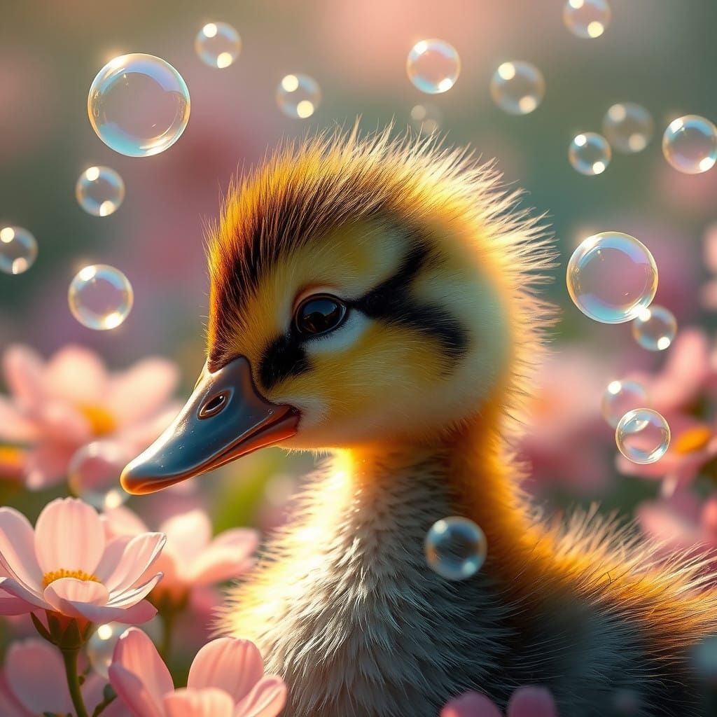 Surreal Duckling Surrounded by Vibrant Blooming Flowers and...