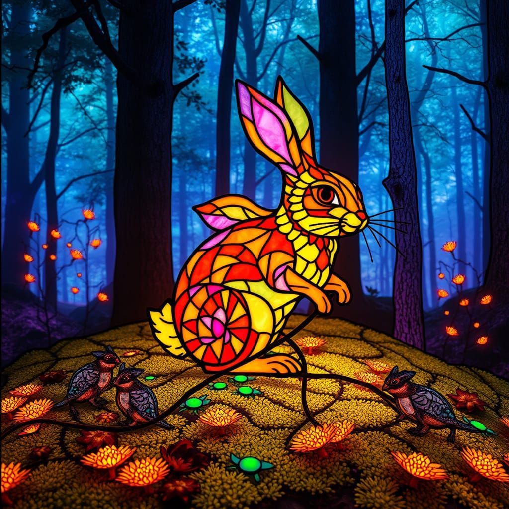 Stained Glass Bunny in Bioluminescent Forest Glade