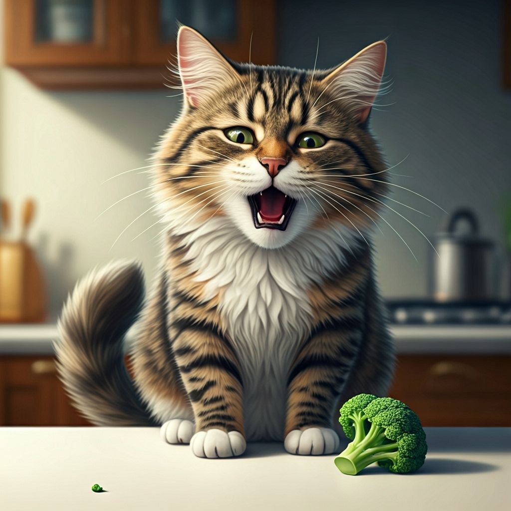 Fluffy Cat Gagging at Broccoli in Whimsical Style