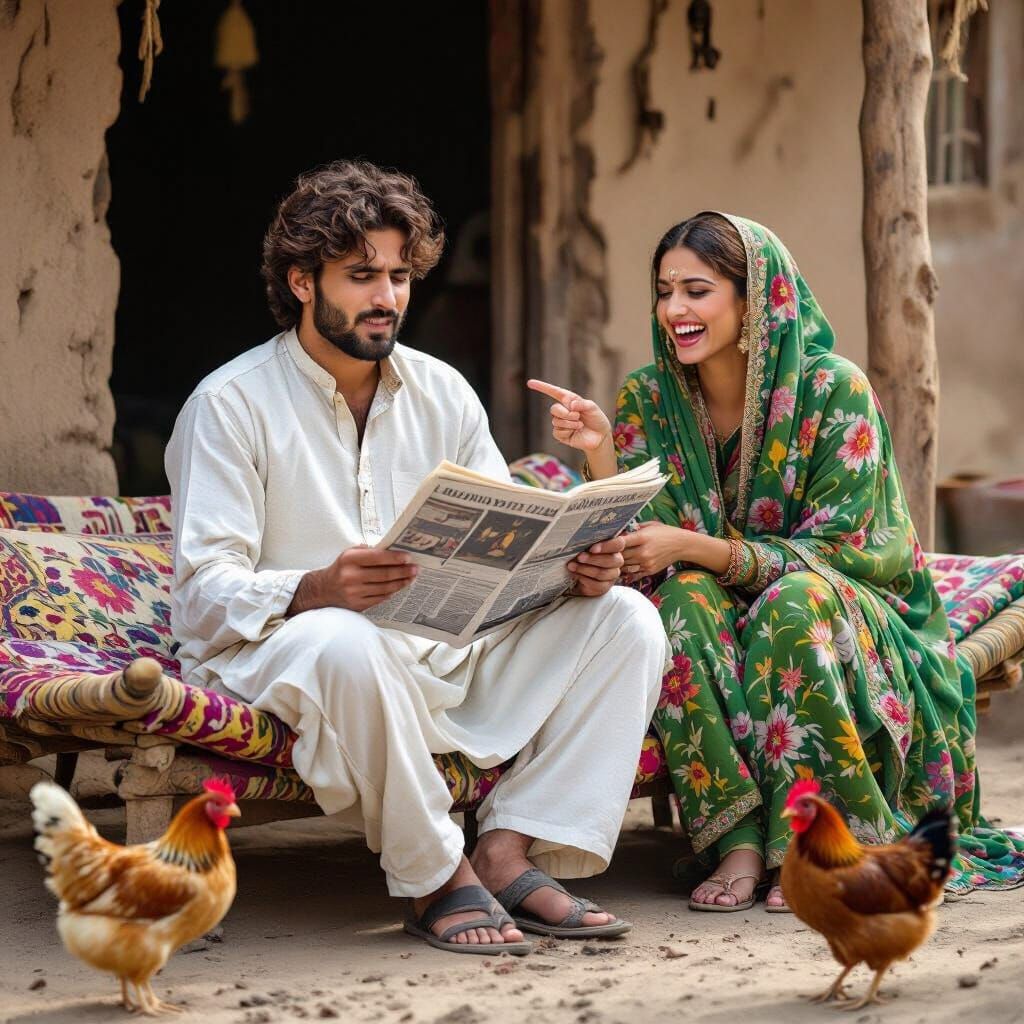 Humorous Pakistani Scene in Folk Art Style