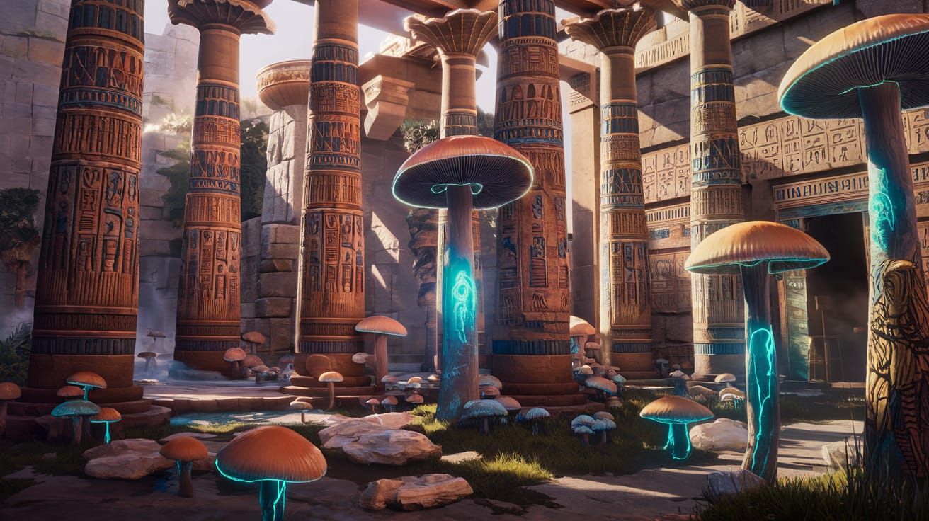 Neon Hieroglyph Mushrooms on Egyptian Columns
