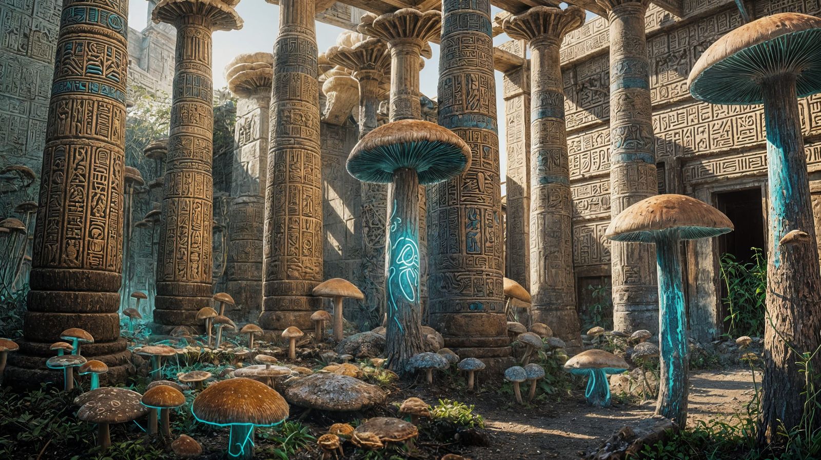Neon Hieroglyphic Mushrooms on Egyptian Columns