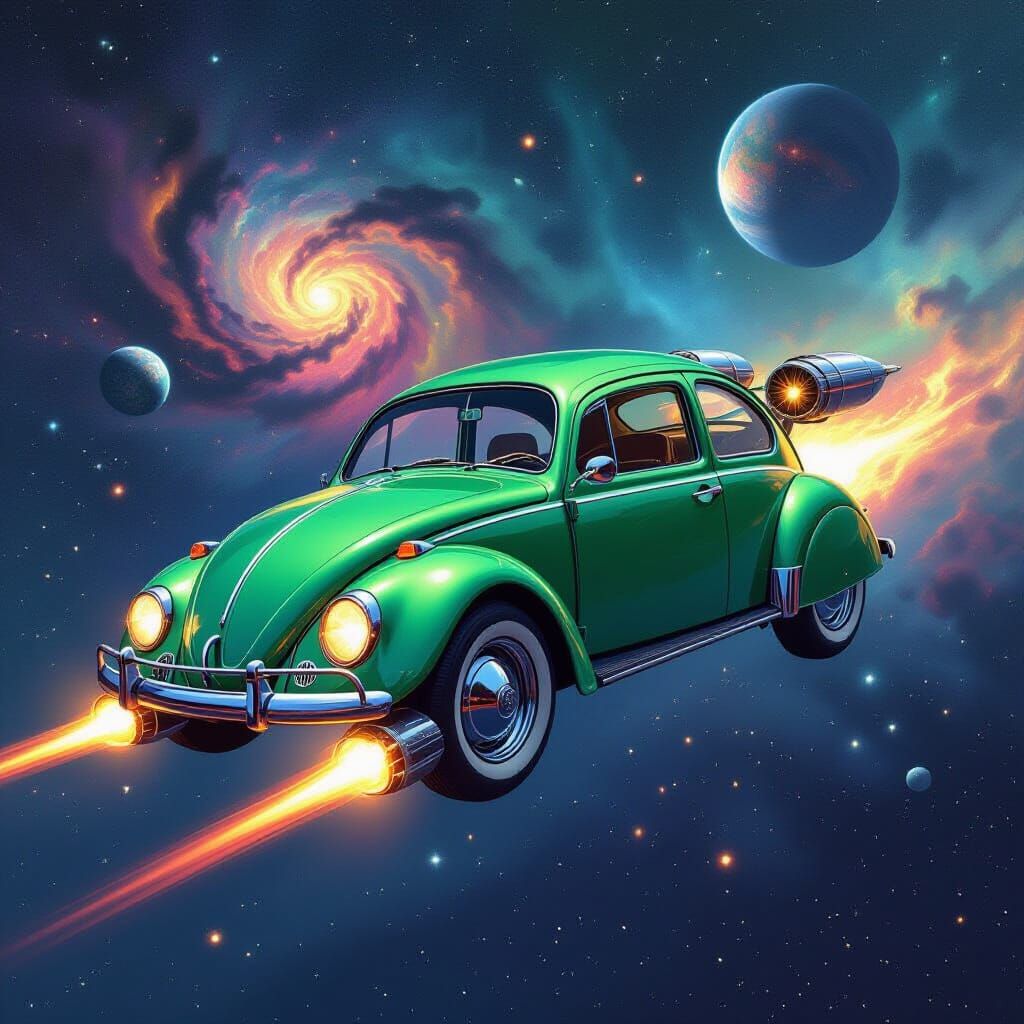 Futuristic VW Beetle Spaceship in Starry Expanse