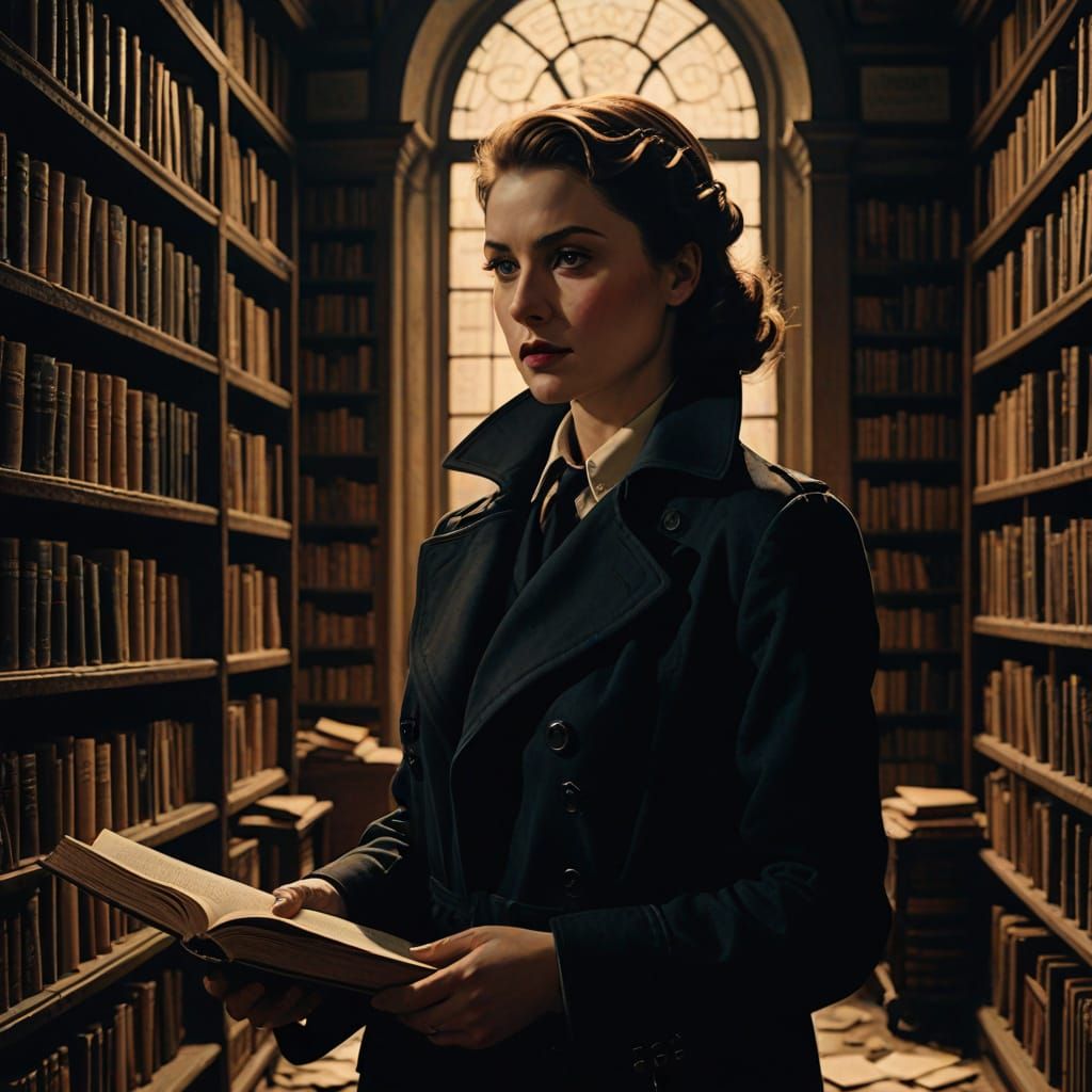 Film Noir Detective in Gothic Library